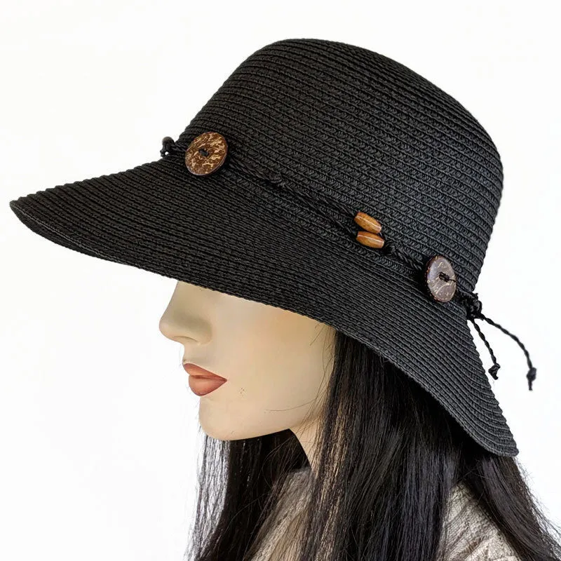 208 Wide Brim Straw Sun Hat with button trim