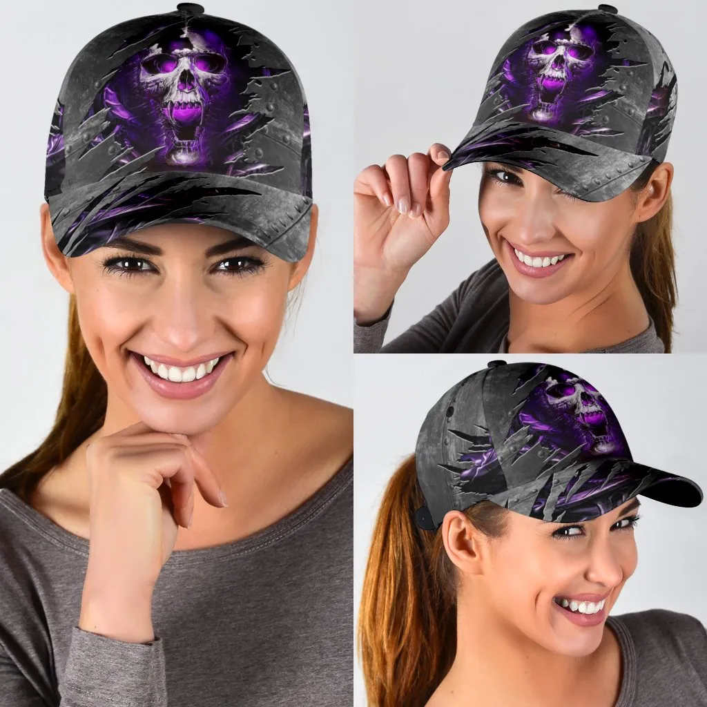 3D Skull Cap Hat, Purple Skull On Baseball Cap Hat Metal Pattern