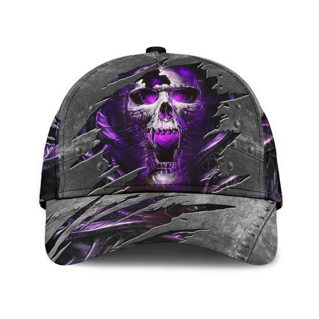 3D Skull Cap Hat, Purple Skull On Baseball Cap Hat Metal Pattern