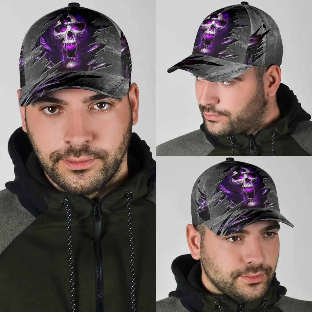 3D Skull Cap Hat, Purple Skull On Baseball Cap Hat Metal Pattern