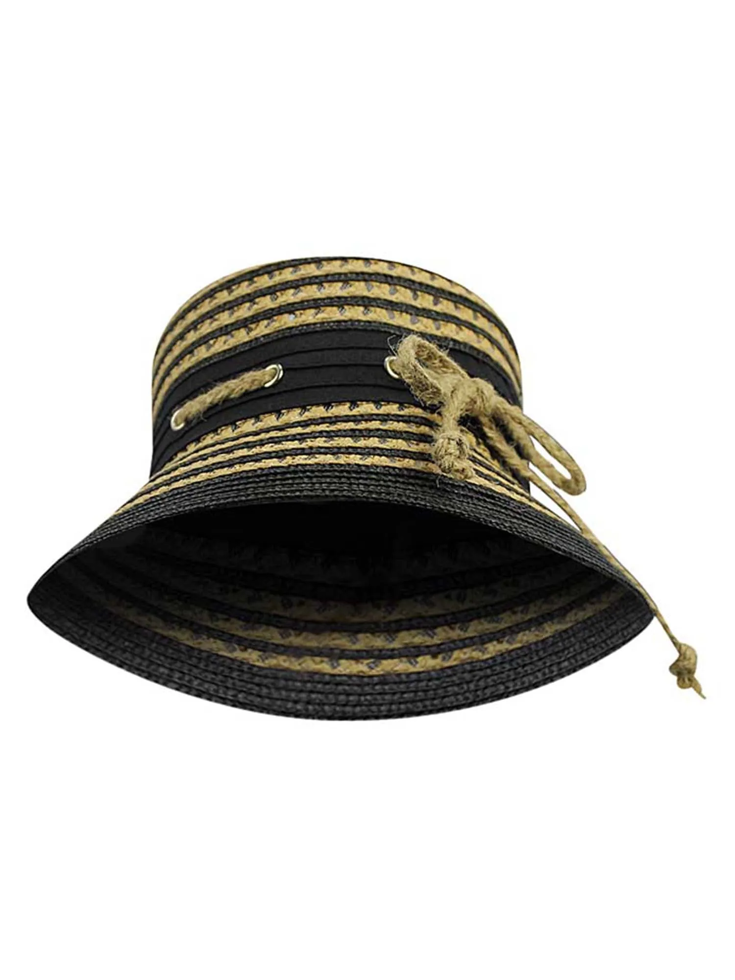 Black & Tan Straw Bucket Sun Hat With Nautical Rope Trim