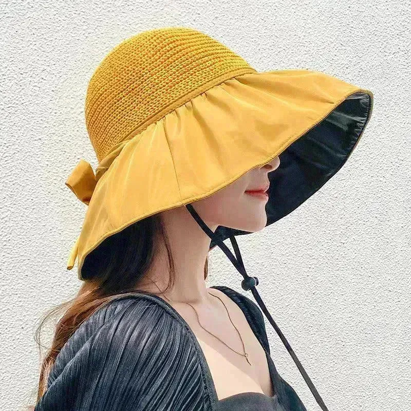 Black Rubber Beach Hat Sun Hat Female Summer Hollow Straw Hat