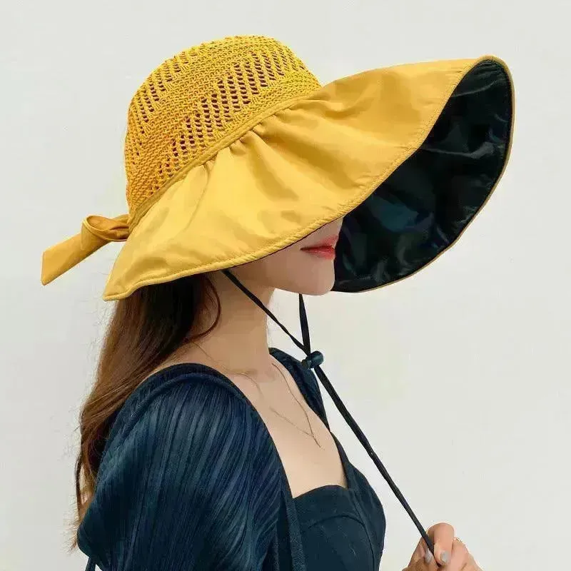 Black Rubber Beach Hat Sun Hat Female Summer Hollow Straw Hat