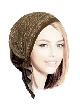 Boho Chic Artisan Head-scarf Tichel Embellished with Wide Floral Lace (Olive green - 333)