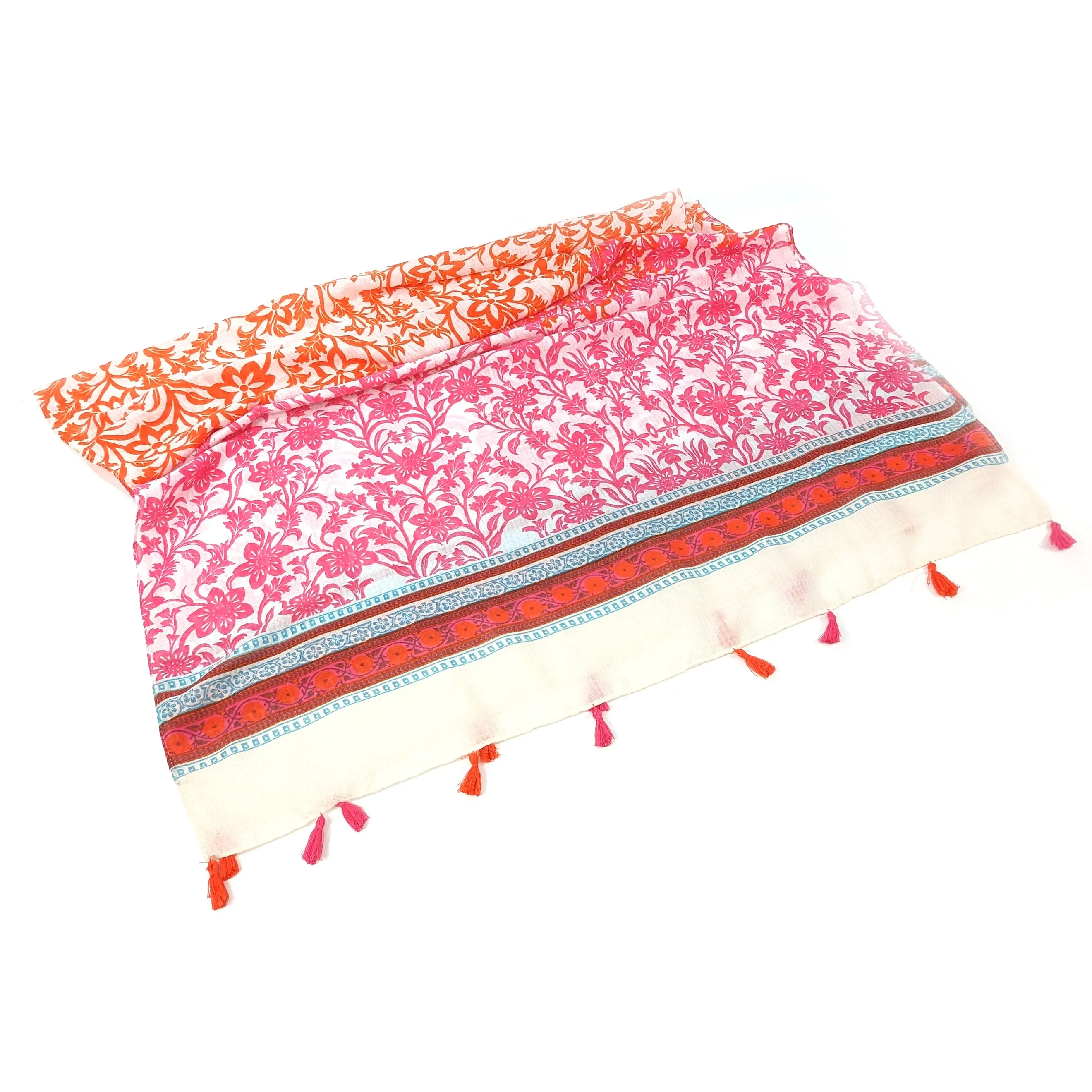 Bordered Flower Scarf - Pink/Orange (80x180cm)