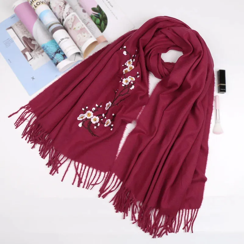 Cashmere Winter Flower Pashmina Shawl with Tassels