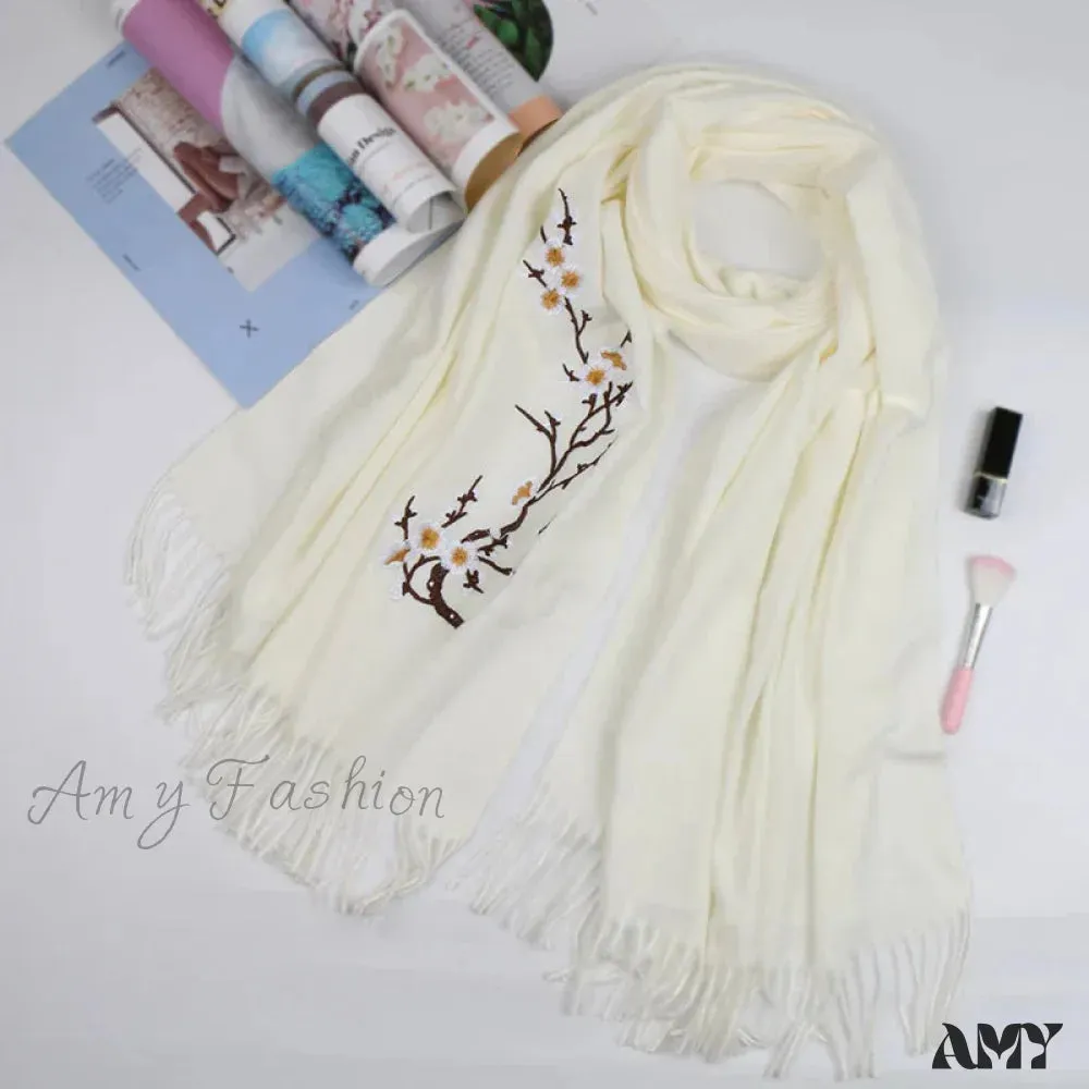 Cashmere Winter Flower Pashmina Shawl with Tassels