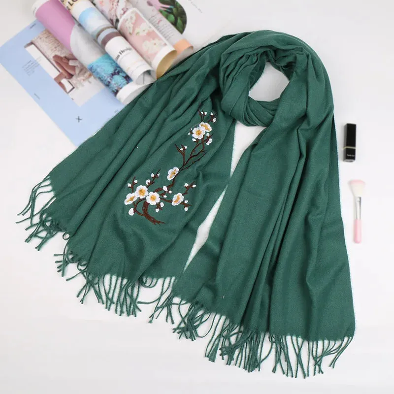 Cashmere Winter Flower Pashmina Shawl with Tassels