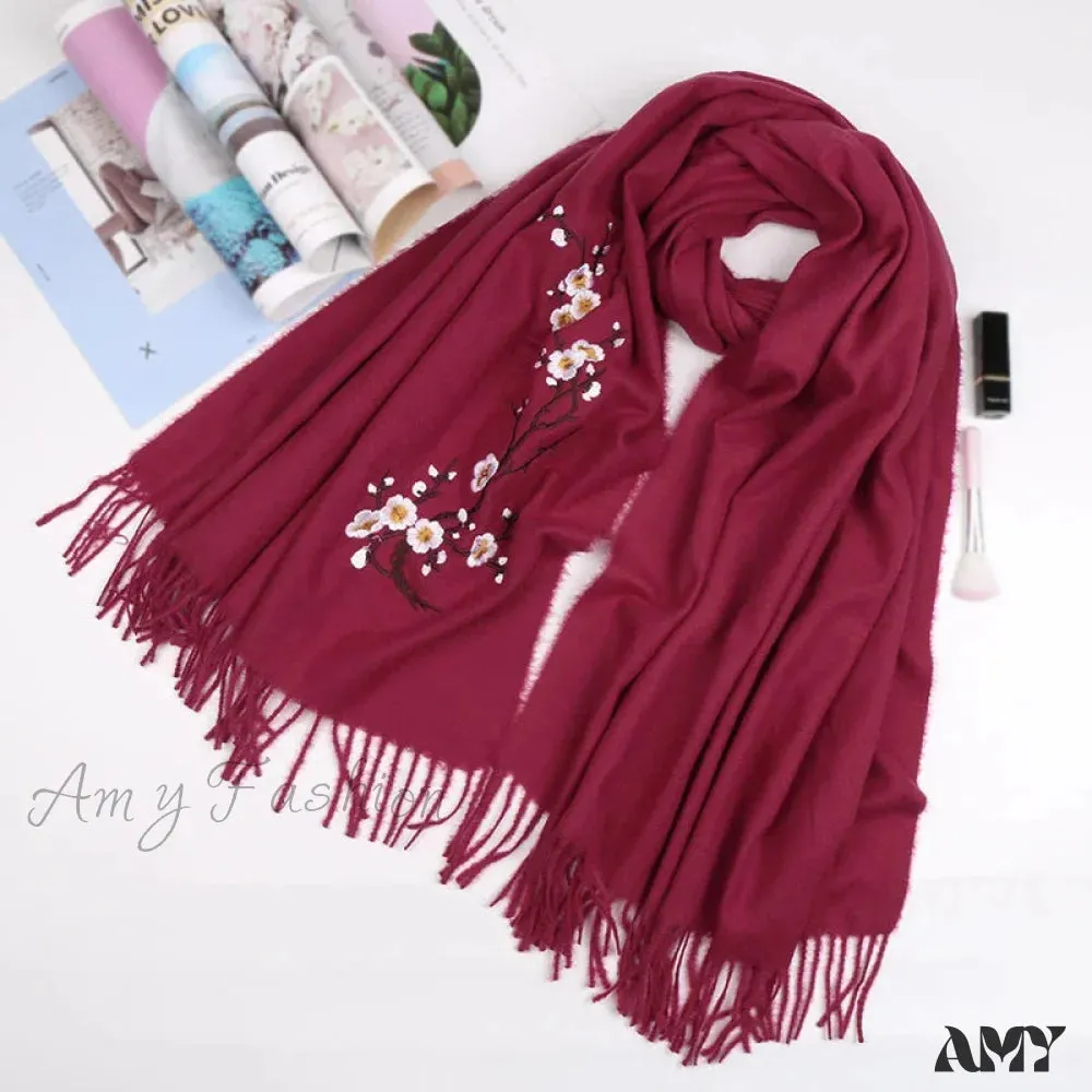 Cashmere Winter Flower Pashmina Shawl with Tassels