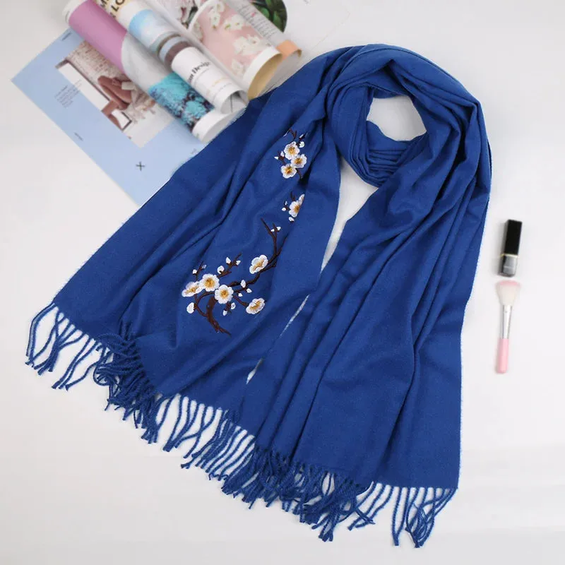 Cashmere Winter Flower Pashmina Shawl with Tassels