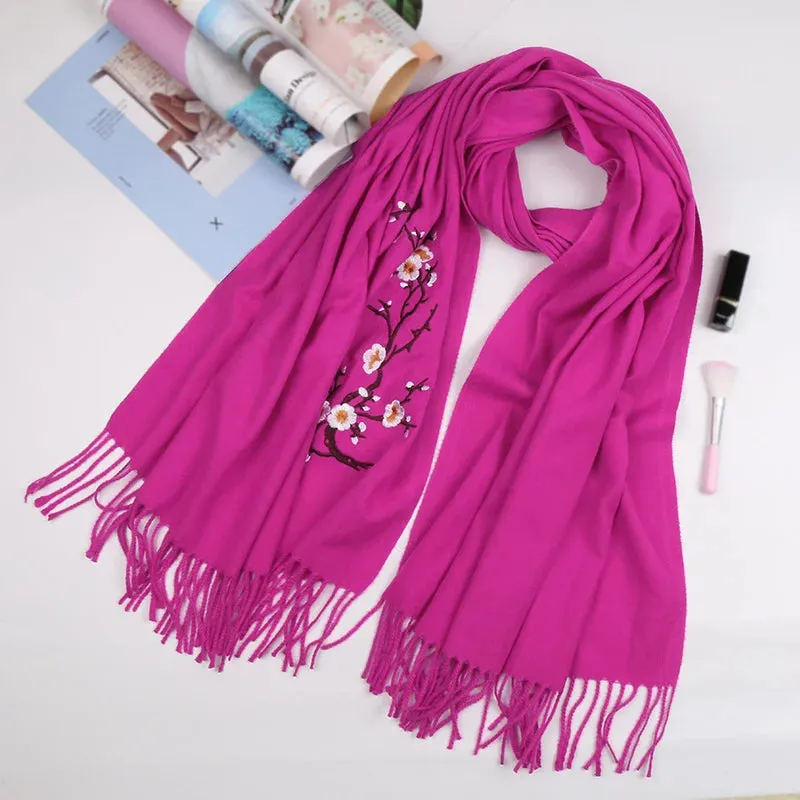 Cashmere Winter Flower Pashmina Shawl with Tassels