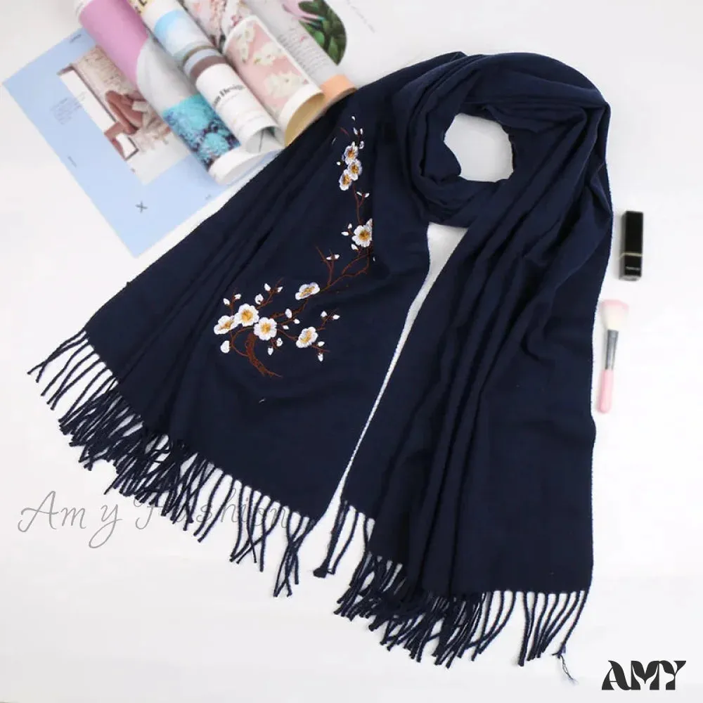 Cashmere Winter Flower Pashmina Shawl with Tassels