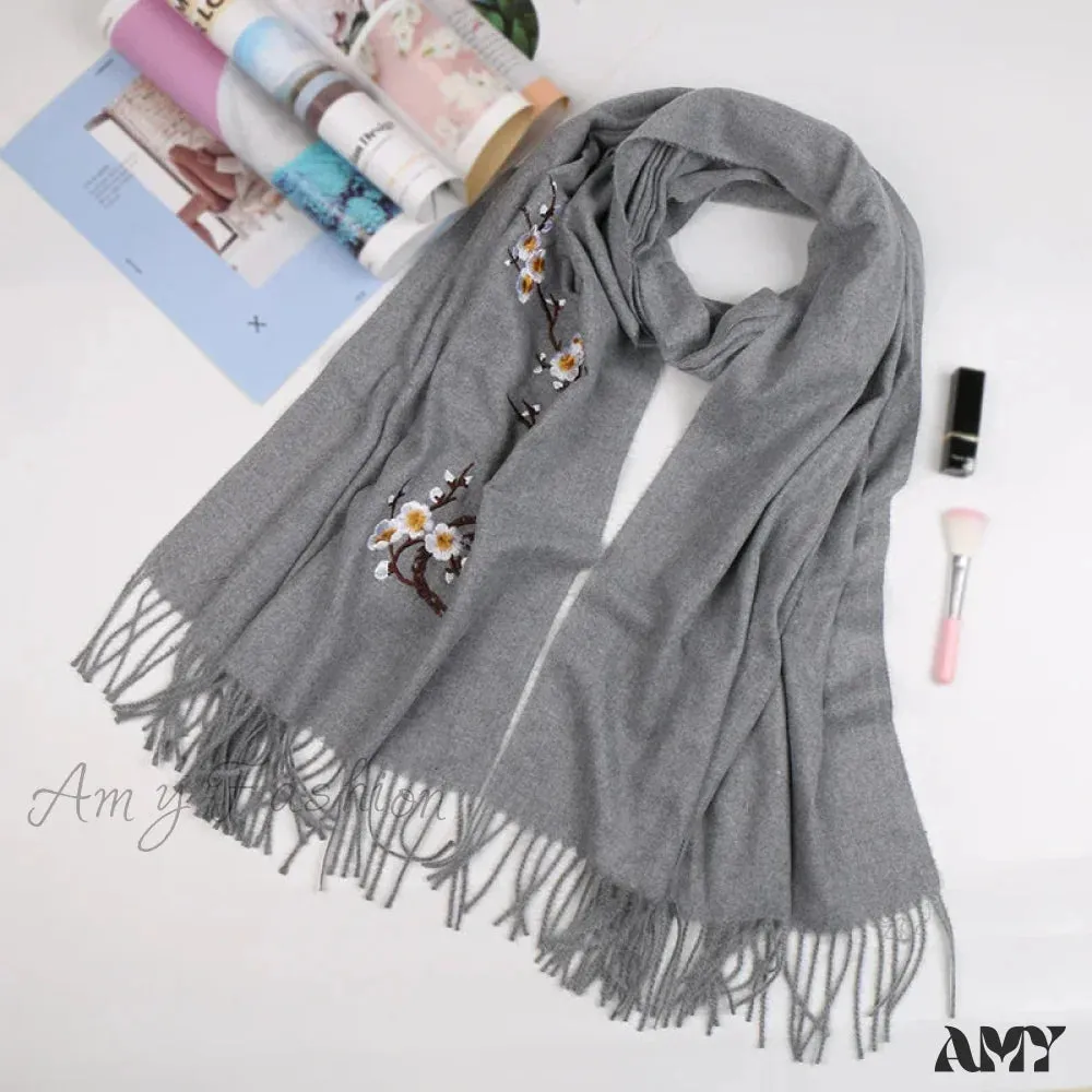 Cashmere Winter Flower Pashmina Shawl with Tassels