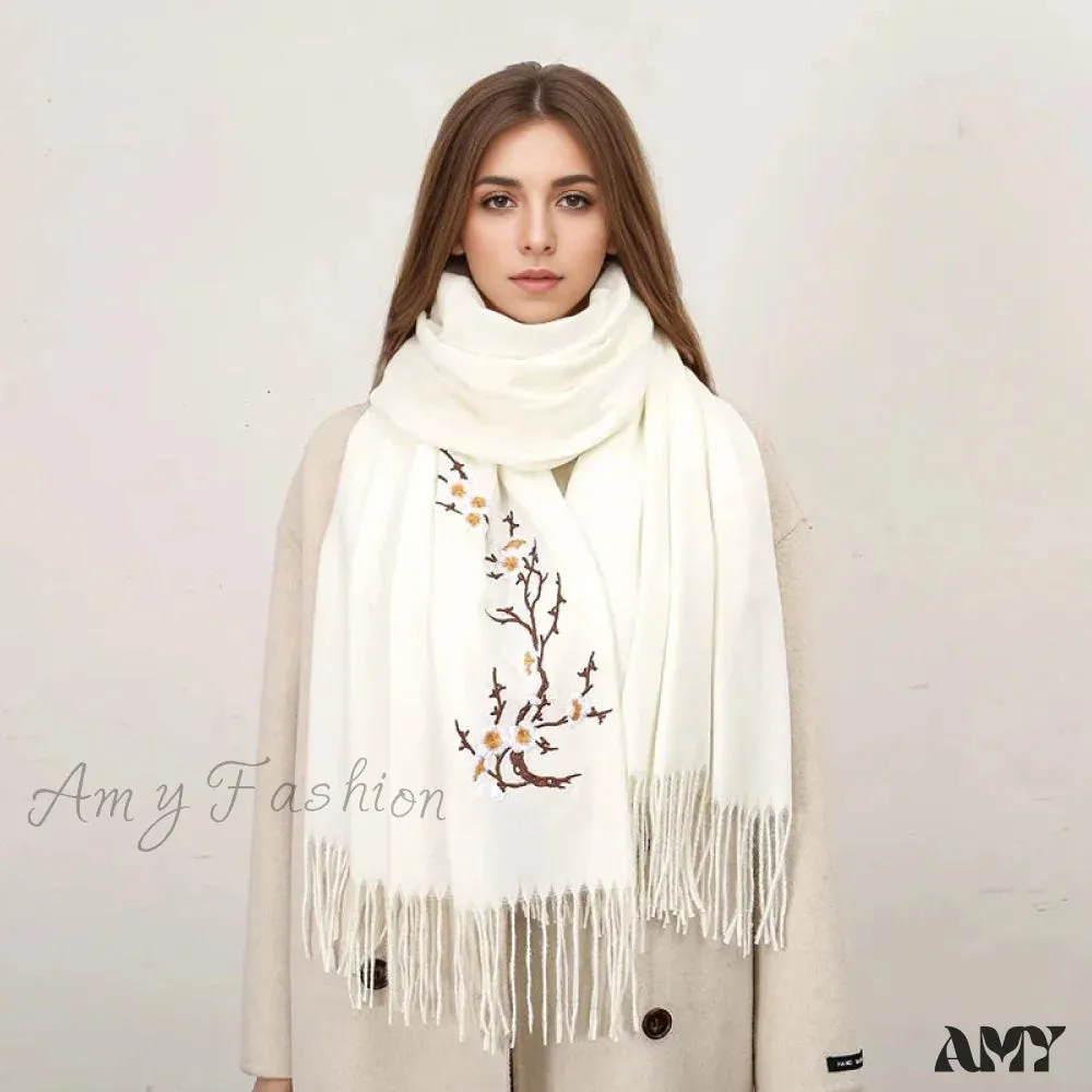 Cashmere Winter Flower Pashmina Shawl with Tassels