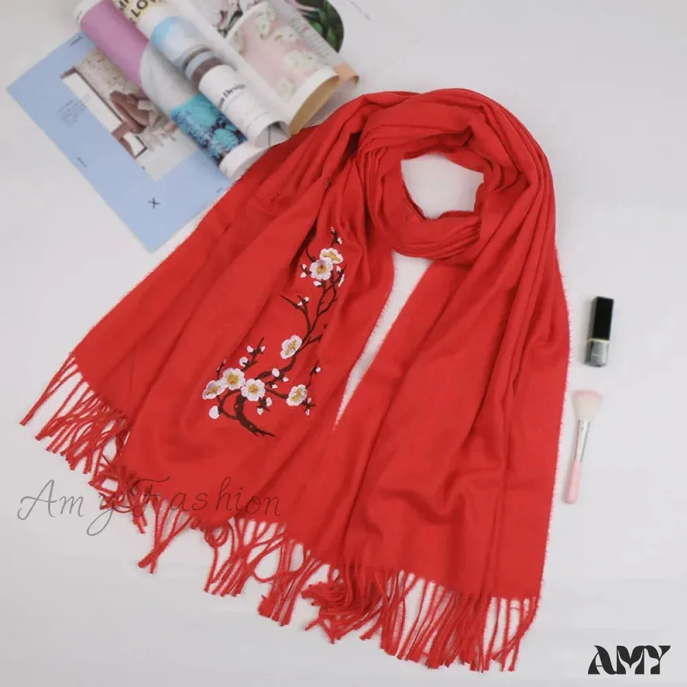 Cashmere Winter Flower Pashmina Shawl with Tassels