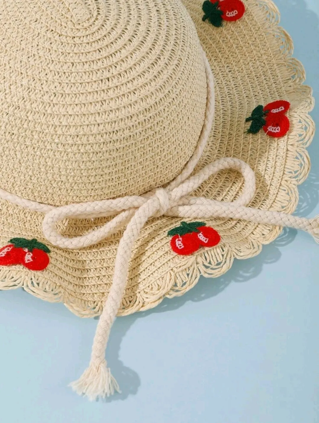 Childrens Straw Red Cherry Sun Hat & Bag