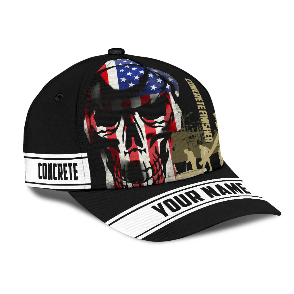 Custom Name A Concrete Finisher American Flag Skull Baseball Cap, Concreter Classic Cap Hat 3D Full Print