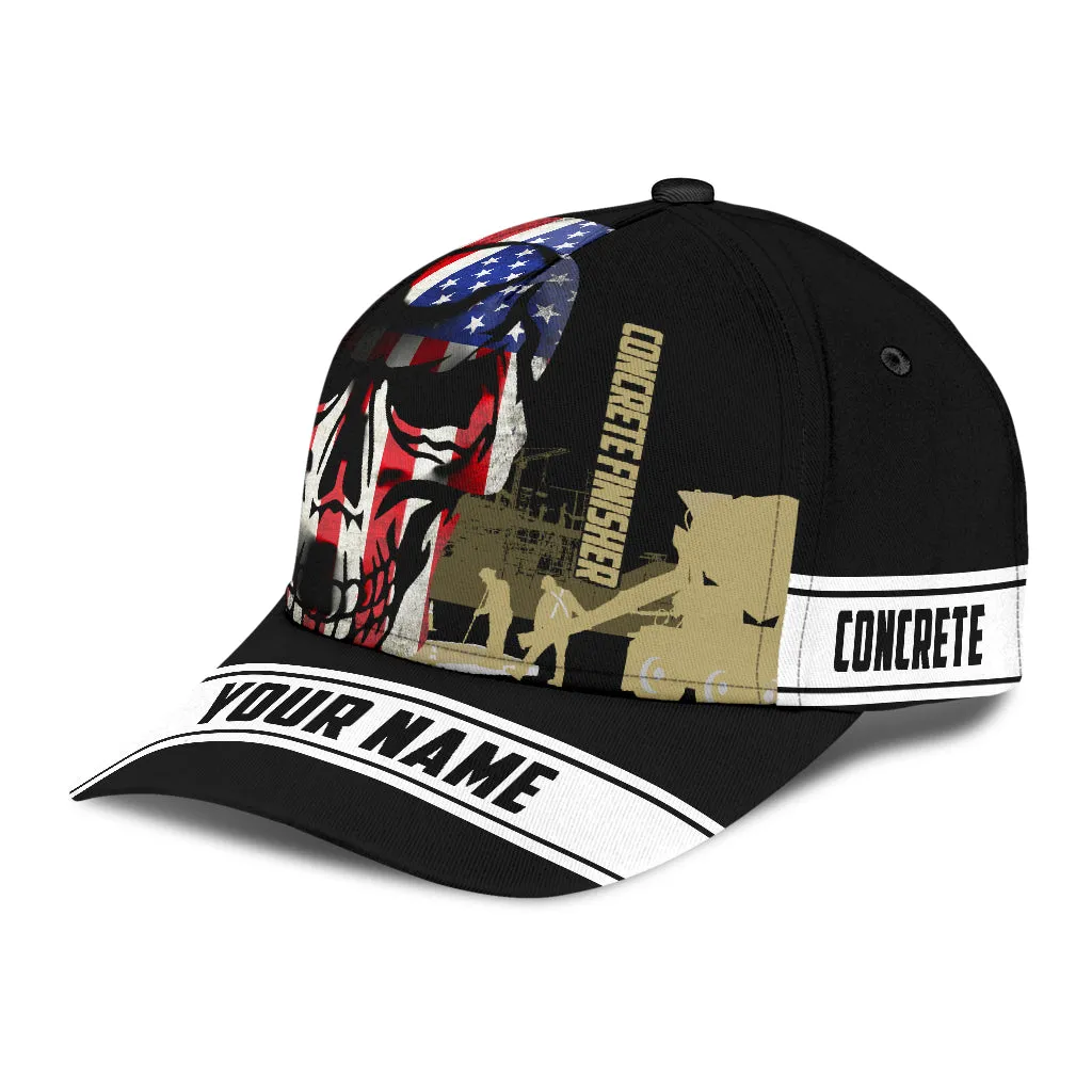 Custom Name A Concrete Finisher American Flag Skull Baseball Cap, Concreter Classic Cap Hat 3D Full Print