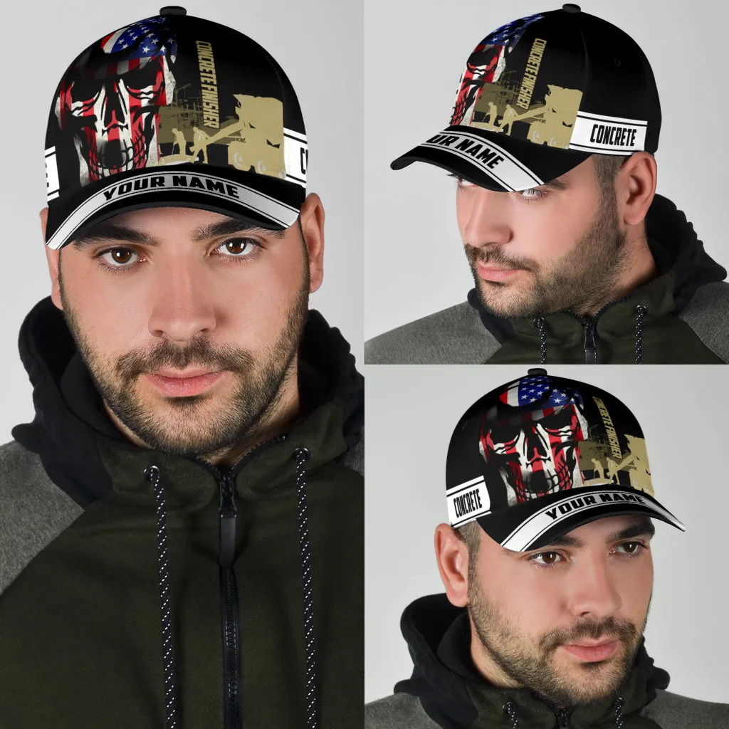 Custom Name A Concrete Finisher American Flag Skull Baseball Cap, Concreter Classic Cap Hat 3D Full Print