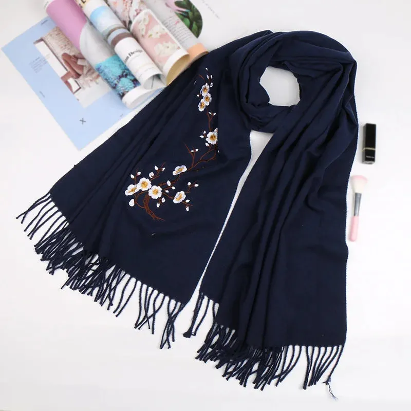 Embroidery Cashmere Winter Flower Pashmina Warm Shawl Tassels Vintage Scarf