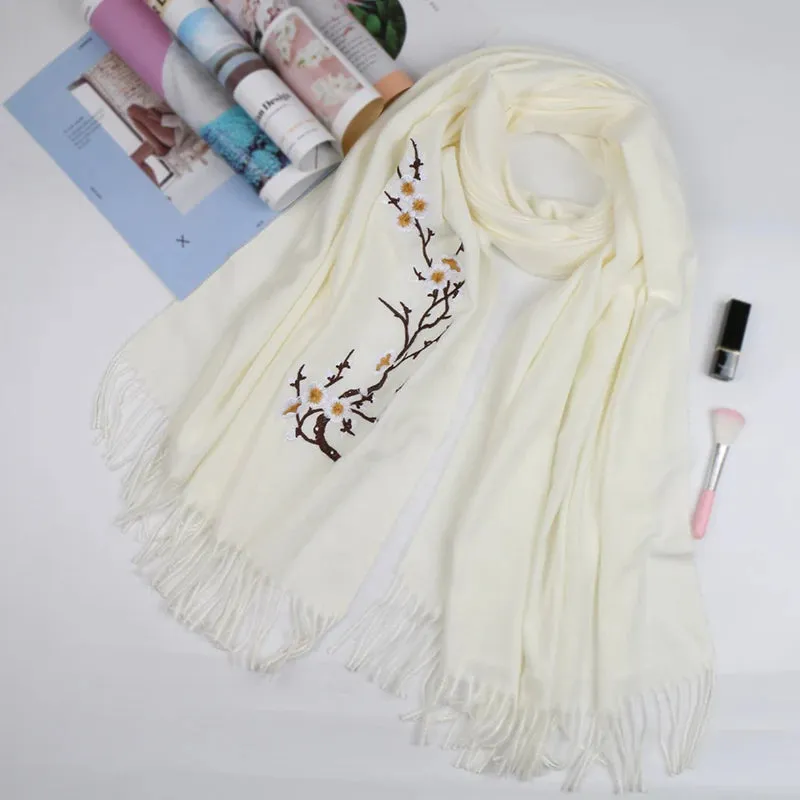 Embroidery Cashmere Winter Flower Pashmina Warm Shawl Tassels Vintage Scarf