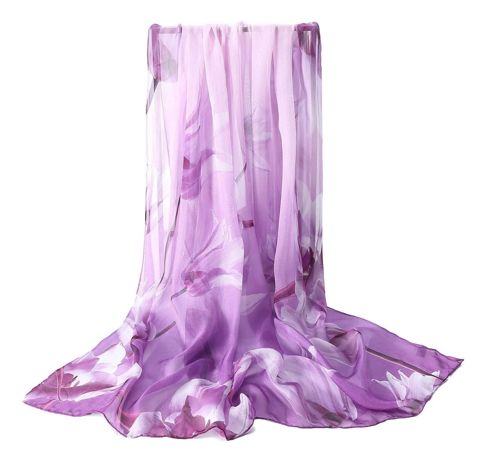 Extra Wide High Quality Silk Chiffon Scarf Purple Theme Floral Print SCH510