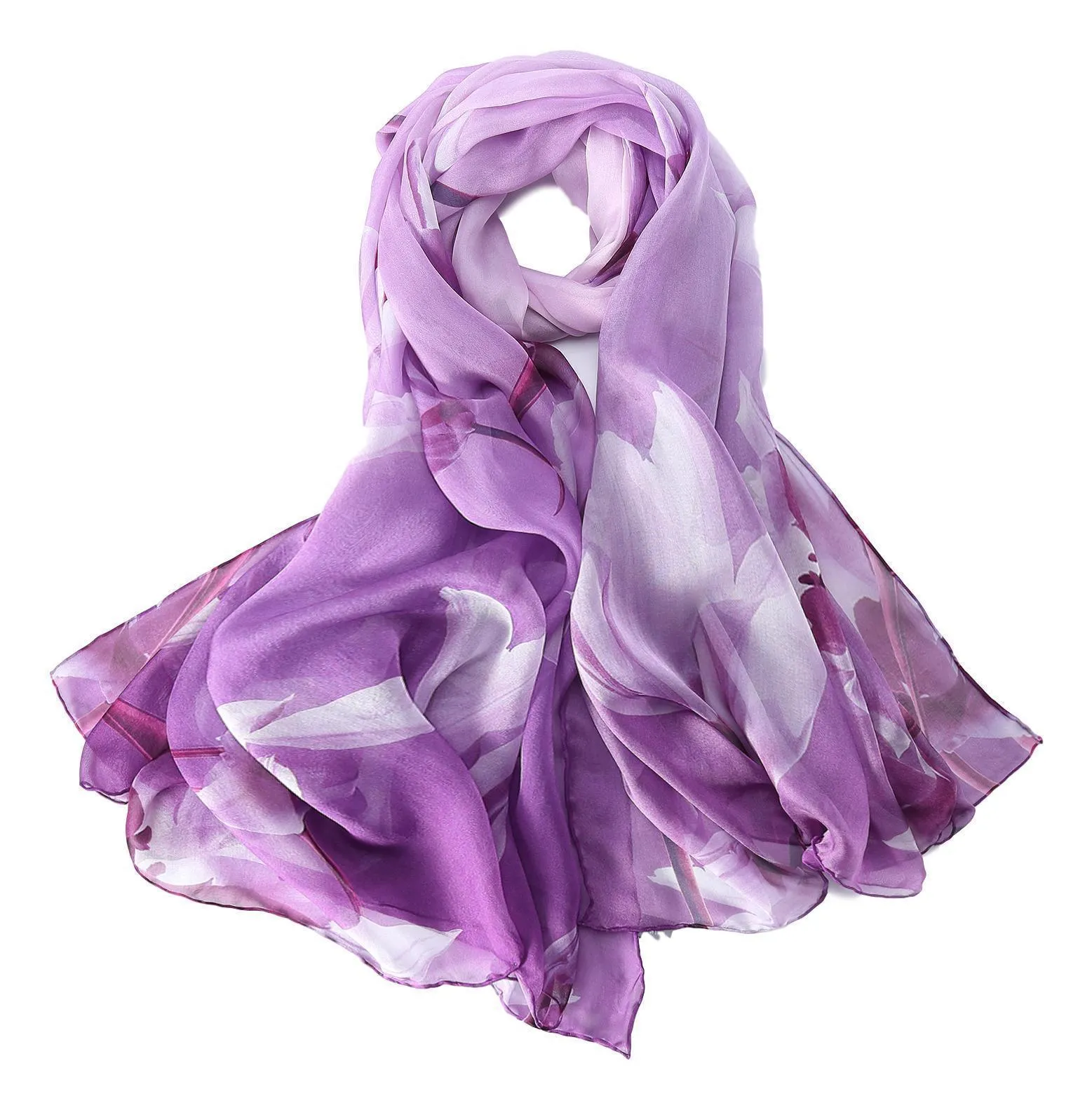 Extra Wide High Quality Silk Chiffon Scarf Purple Theme Floral Print SCH510