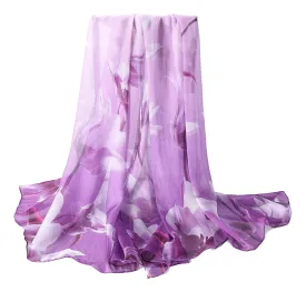 Extra Wide High Quality Silk Chiffon Scarf Purple Theme Floral Print SCH510