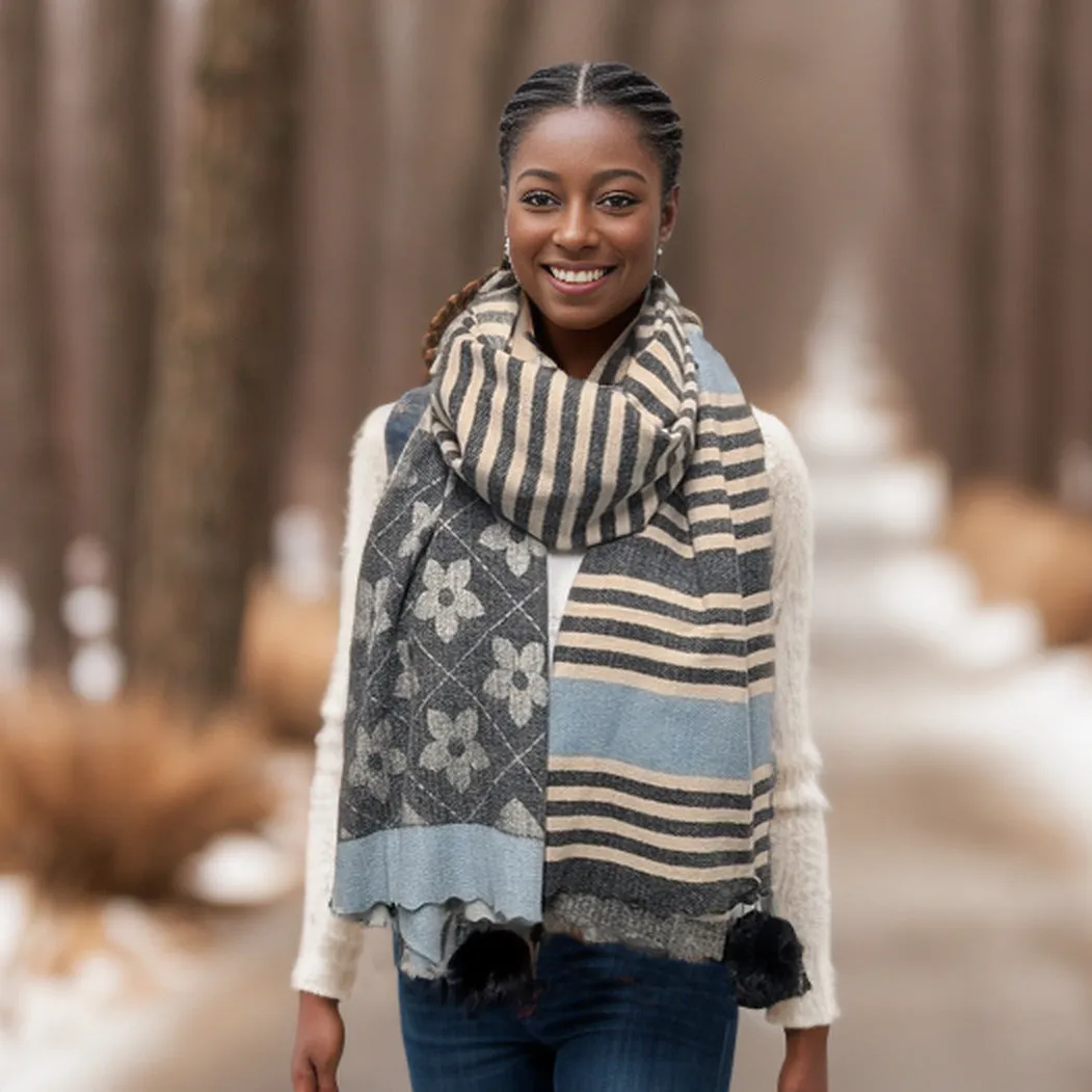 Flower Patterned Pashmina Style Scarf w/Tassels