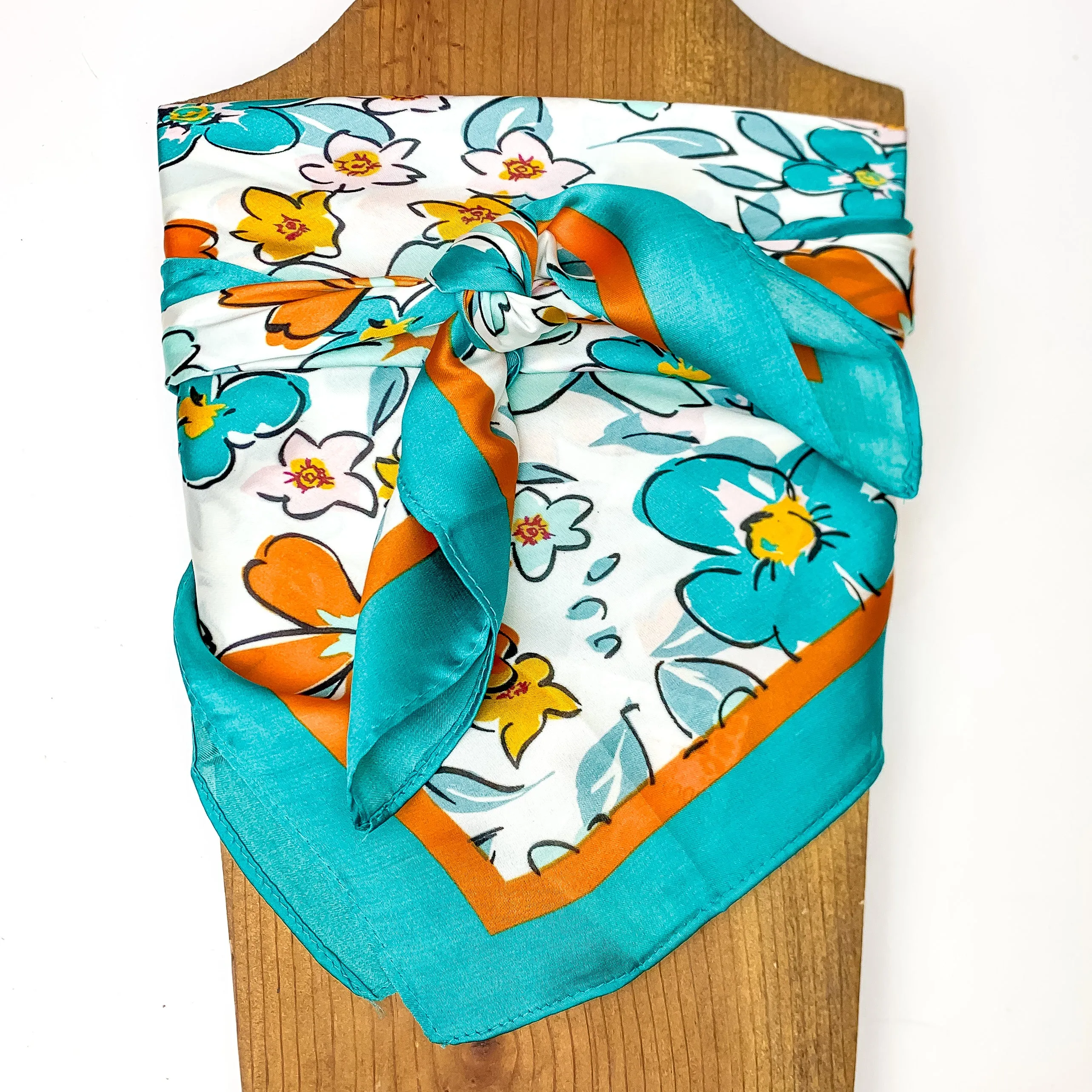 Flower Print Wild Rag in Teal Blue