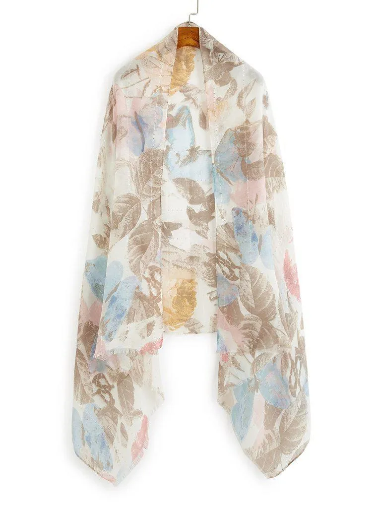 Frayed Trim Leaf Print Scarf