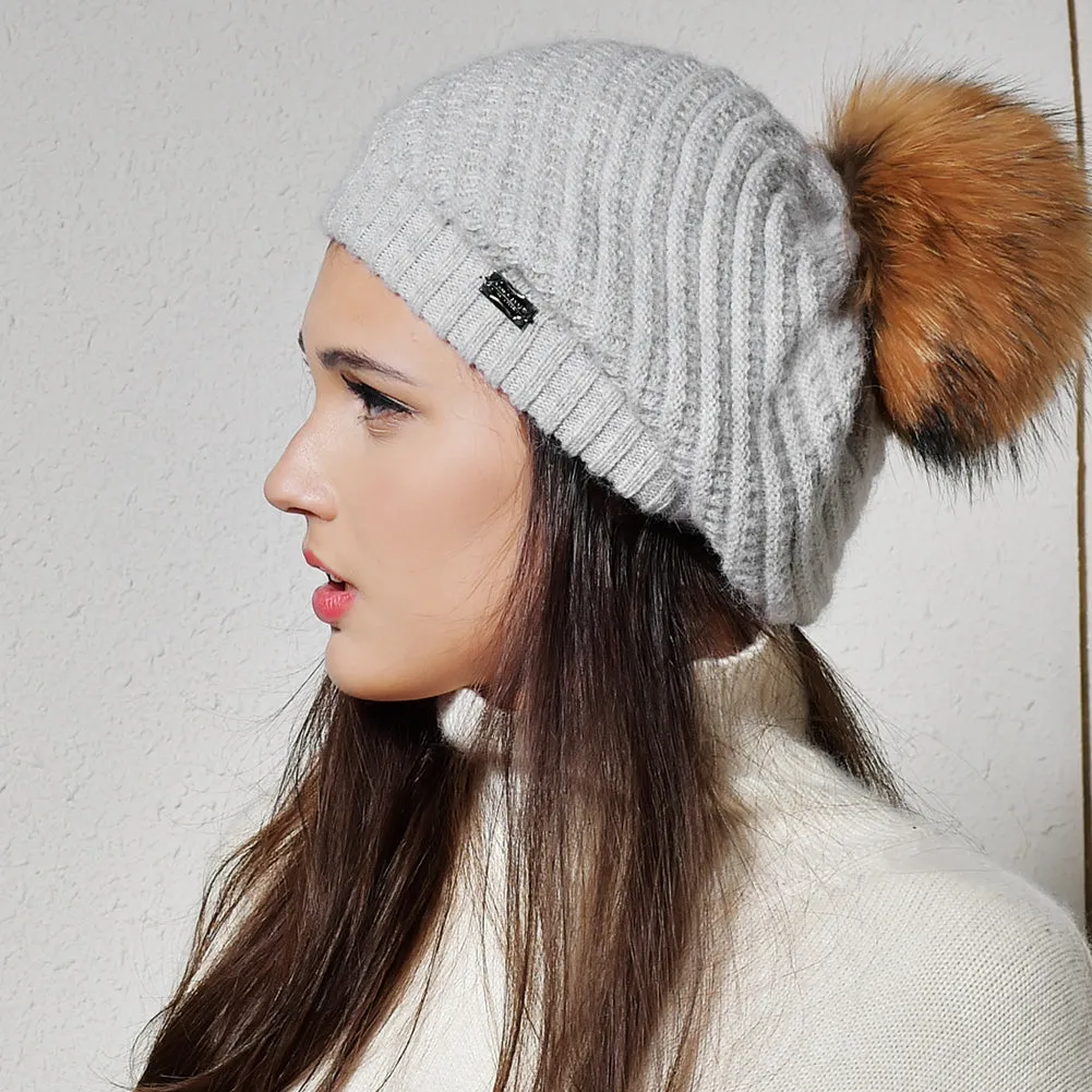 FURTALK Winter Women BeretReal Fur Pom Pom Hat Drop shipping HTWL063