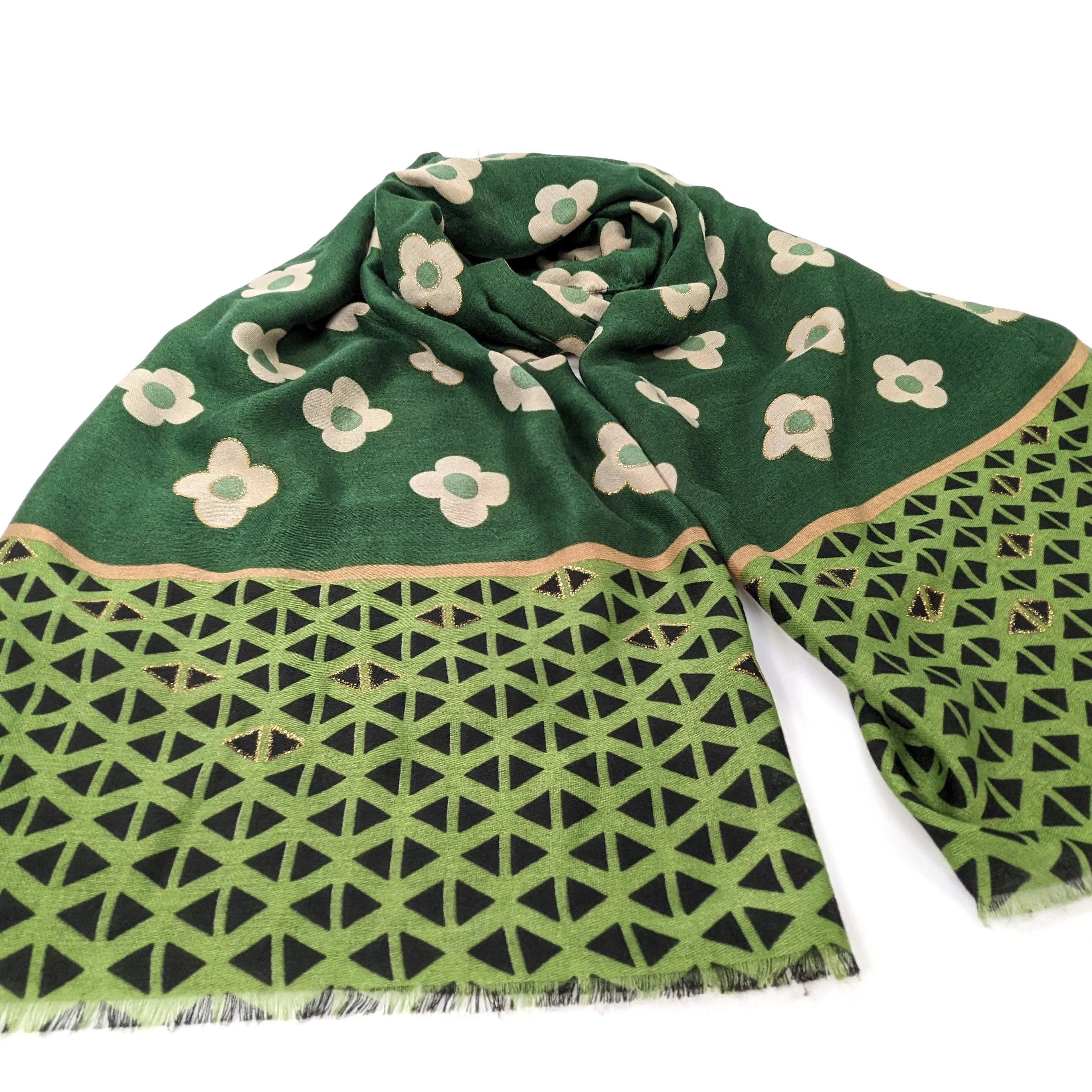 Gold Retro Flower Scarf - Forest Green (50x180cm)