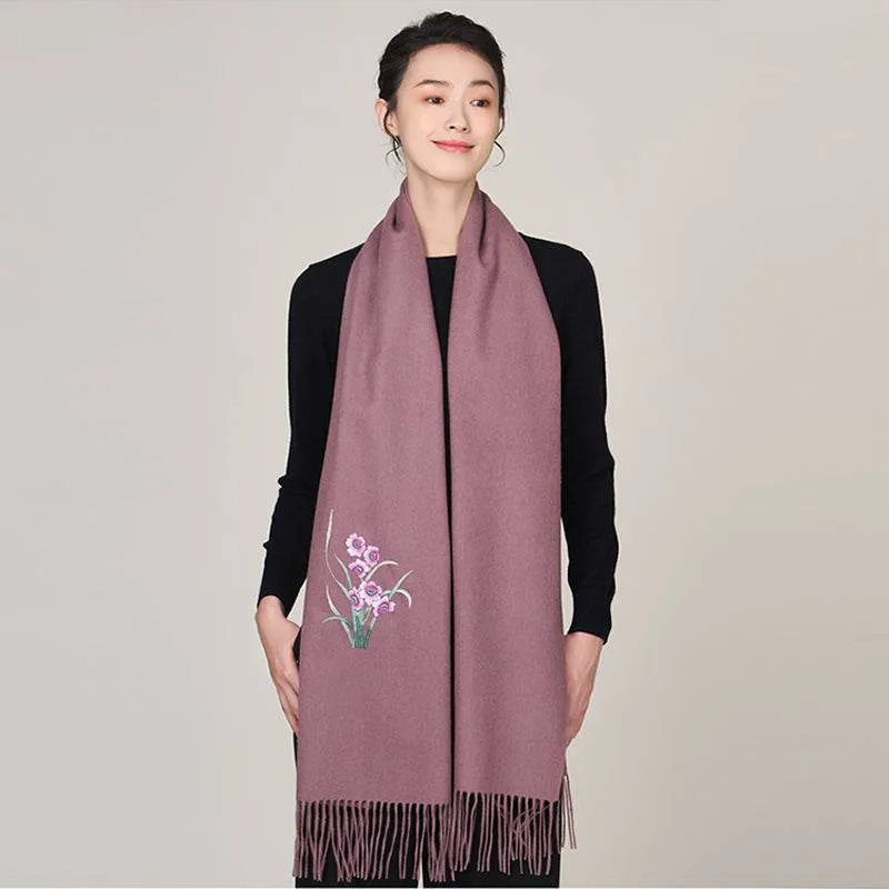 Handmade Suzhou Embroidery Wool Cashmere Scarf with Narcissus Flower 200x38cm