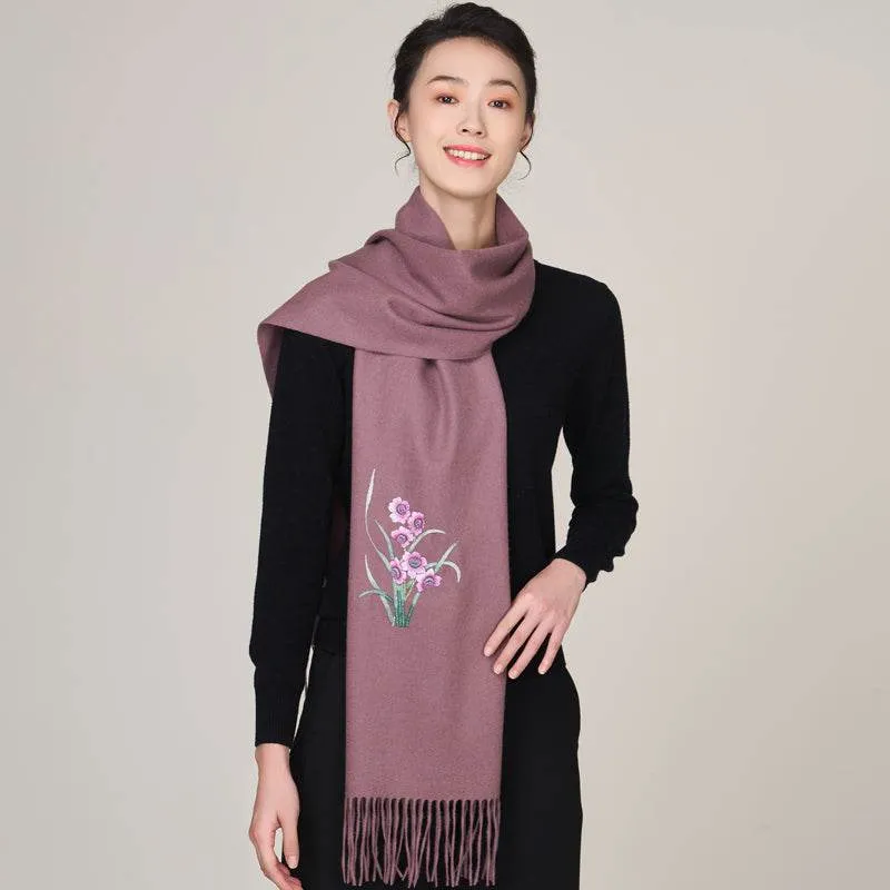 Handmade Suzhou Embroidery Wool Cashmere Scarf with Narcissus Flower 200x38cm