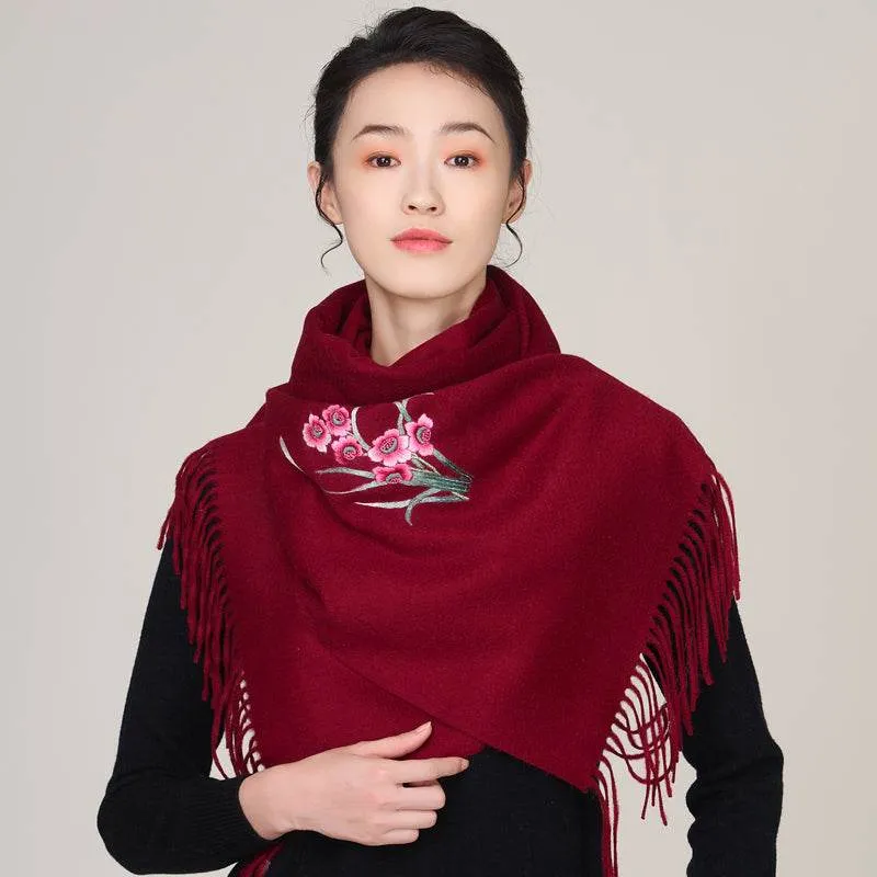 Handmade Suzhou Embroidery Wool Cashmere Scarf with Narcissus Flower 200x38cm