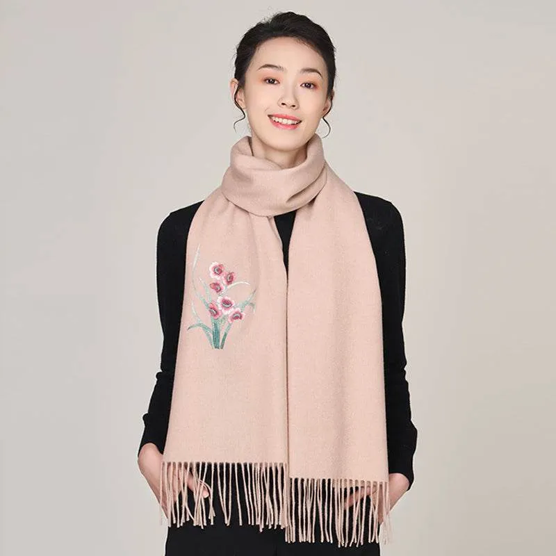 Handmade Suzhou Embroidery Wool Cashmere Scarf with Narcissus Flower 200x38cm