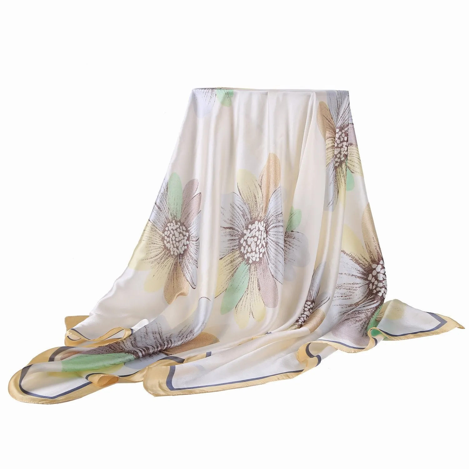 Long Silk Feel Satin Scarf Yellow Theme Floral Print LAT118