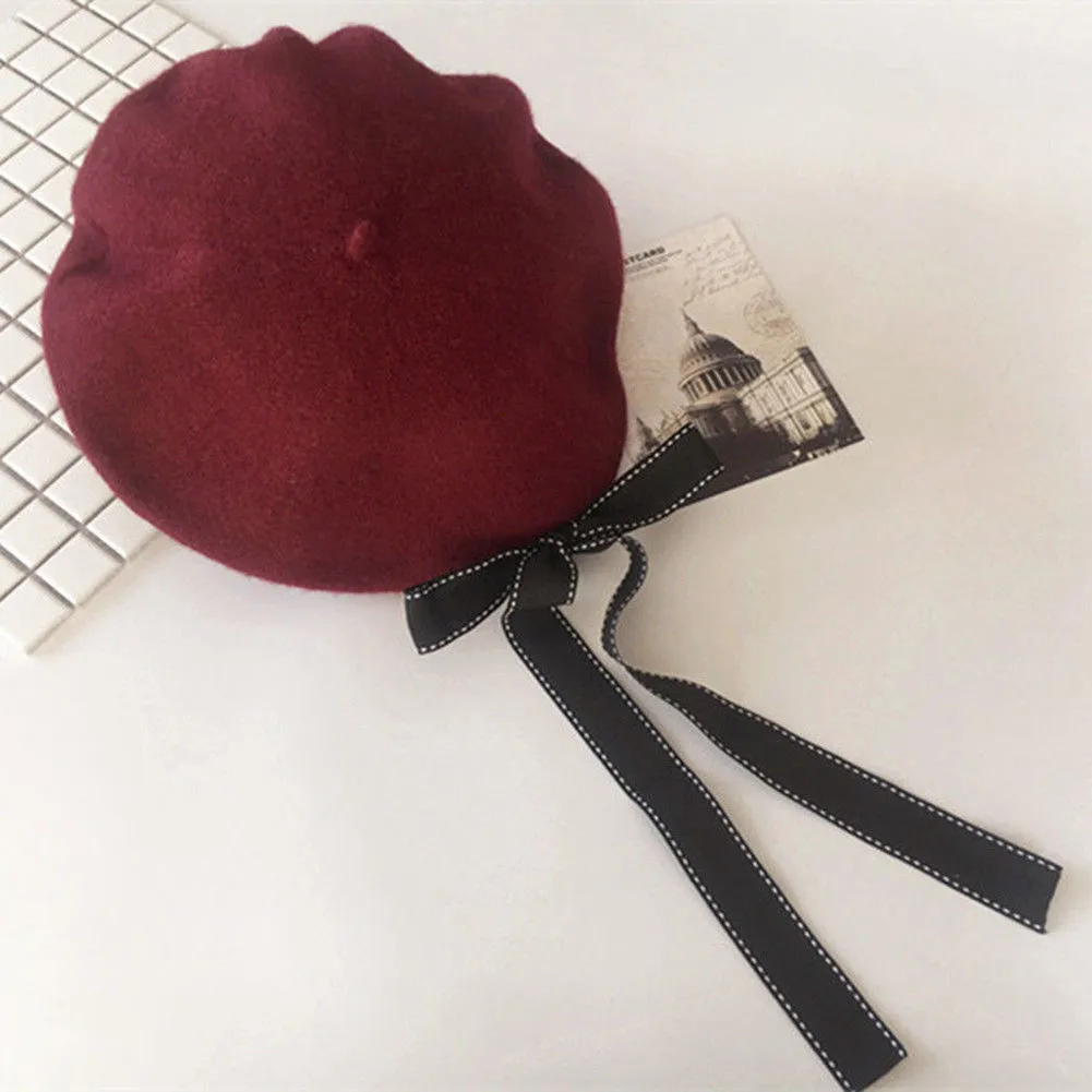 Magik Wool Blend Bow Long Tie Artist Warm French Vintage Beanie Beret Hat Cap