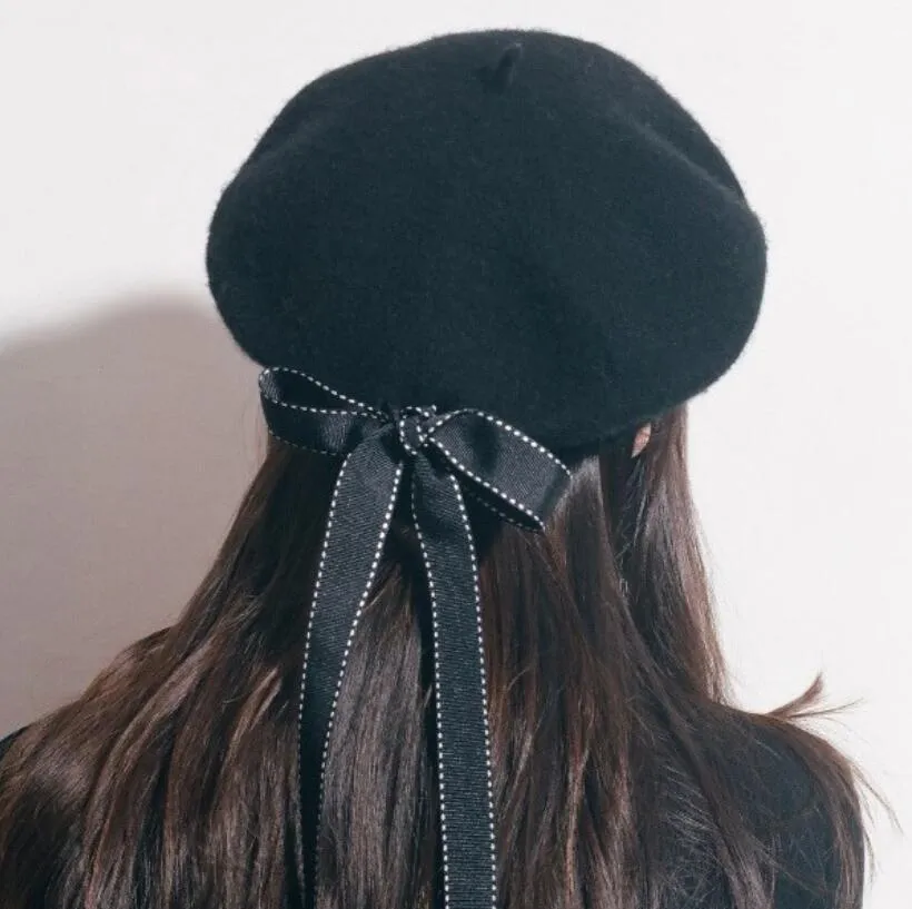 Magik Wool Blend Bow Long Tie Artist Warm French Vintage Beanie Beret Hat Cap