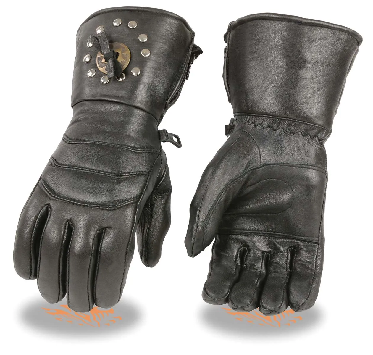 Milwaukee Leather Men's Gauntlet Motorcycle Hand Gloves-Black Leather Thermal Lined with Conchos on Cuff- SH238