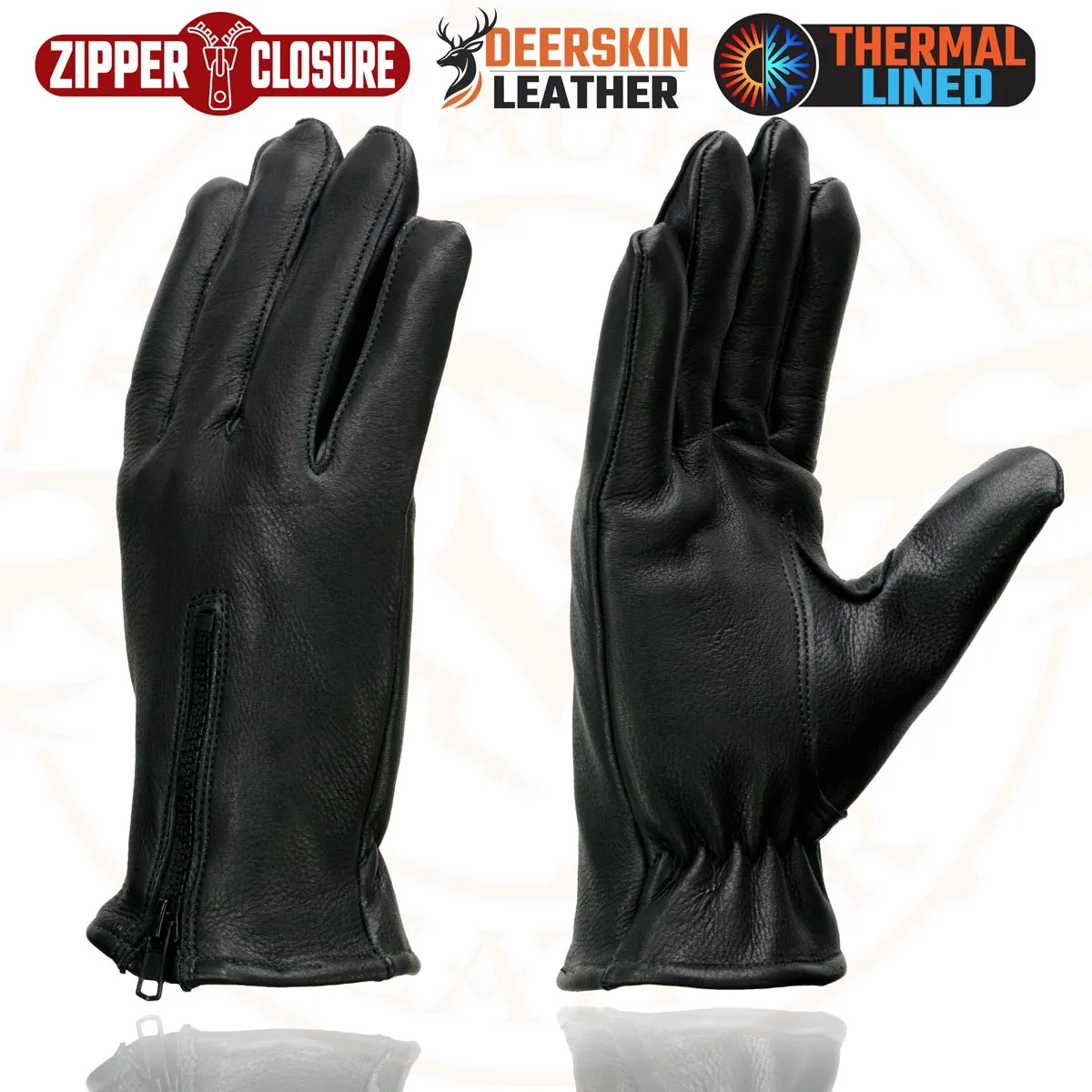 Milwaukee Leather SH866 Men's Black Thermal Lined Deerskin Leather Motorcycle Gloves w/ Zipper Closure