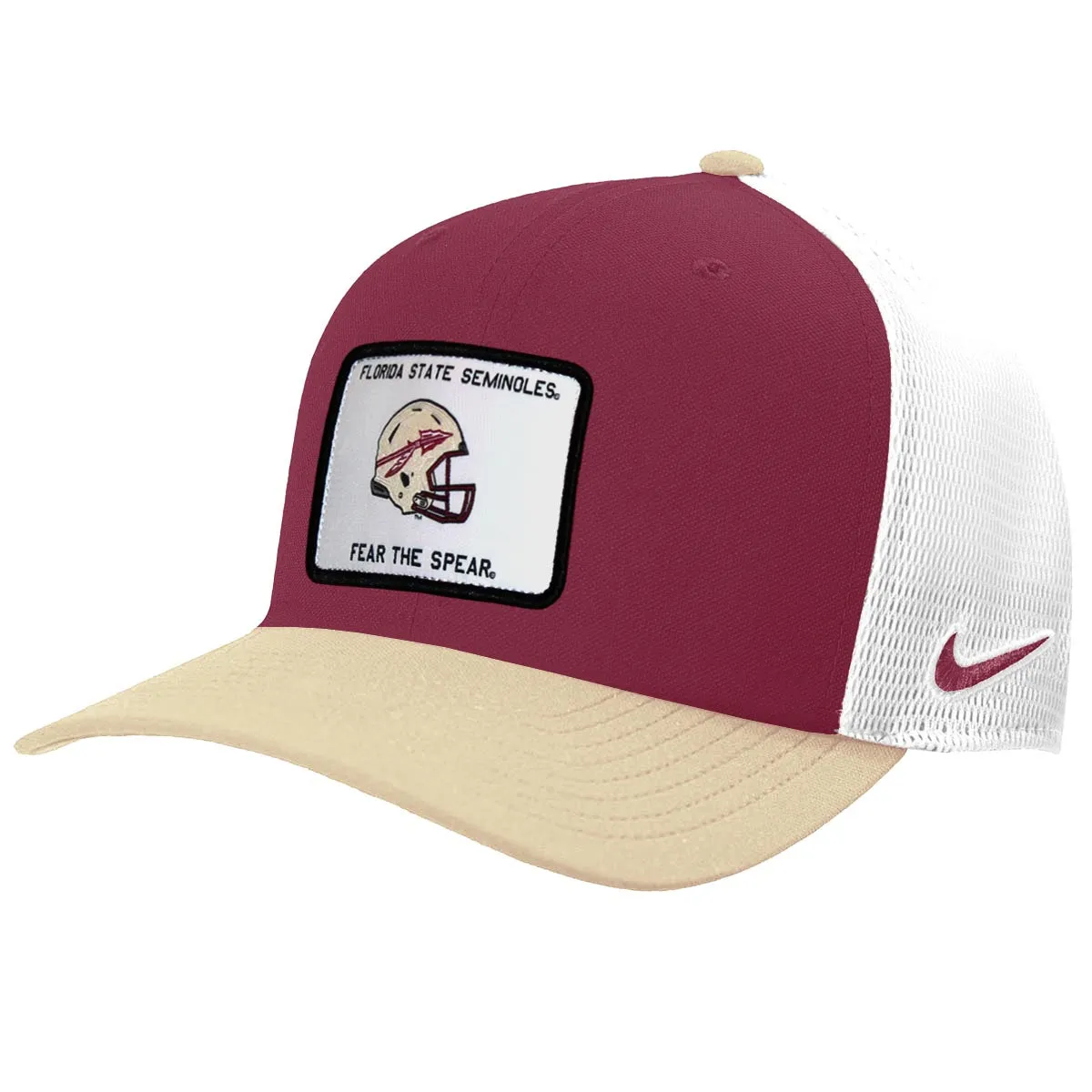 Nike Men's Florida State Seminoles Fear the Spear Helmet Patch Adjustable Rise Structured Trucker Cap - Garnet/Vegas Gold/White