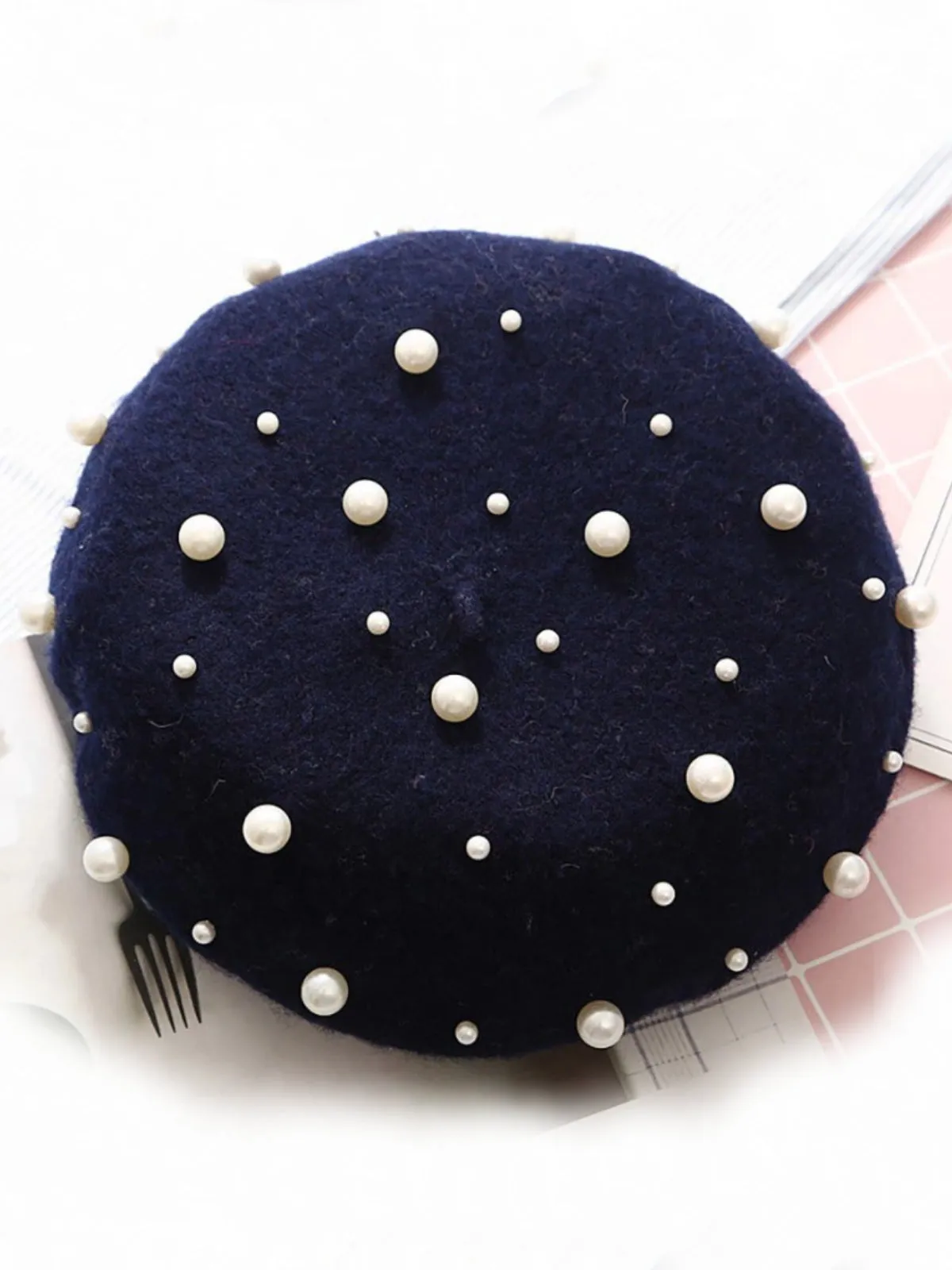 Pearl-Embellished Wool Beret