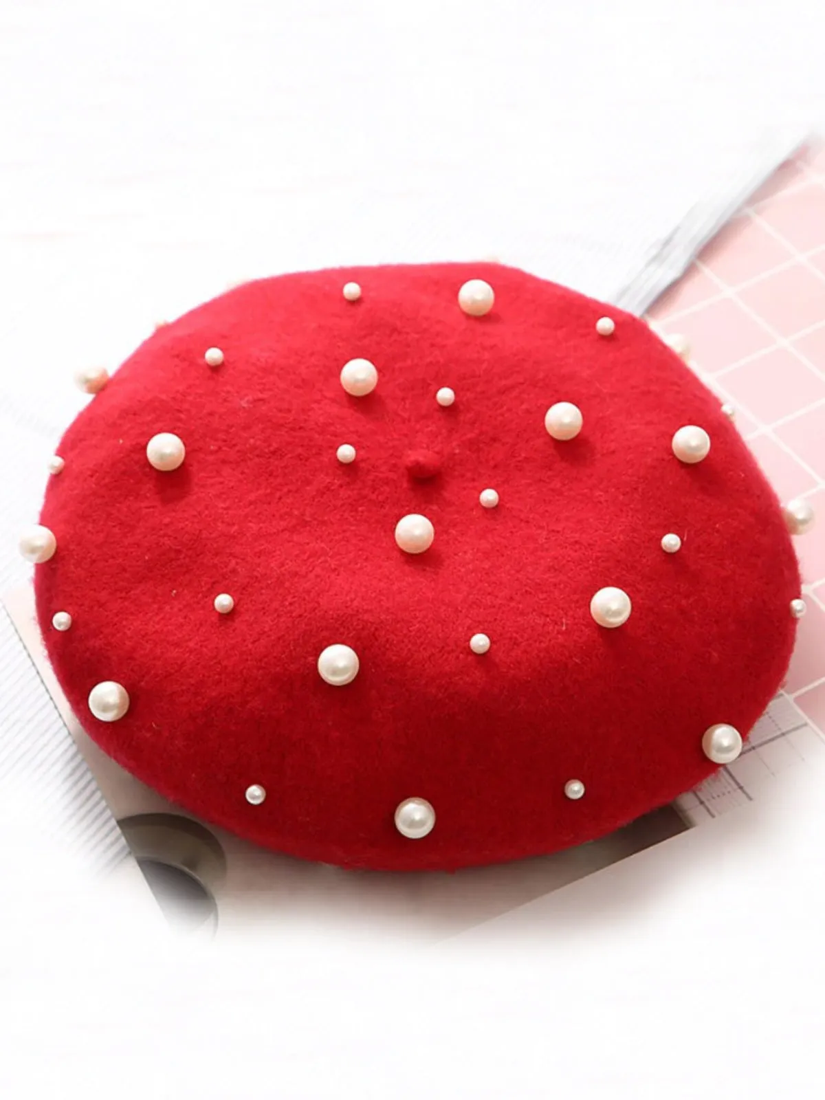 Pearl-Embellished Wool Beret