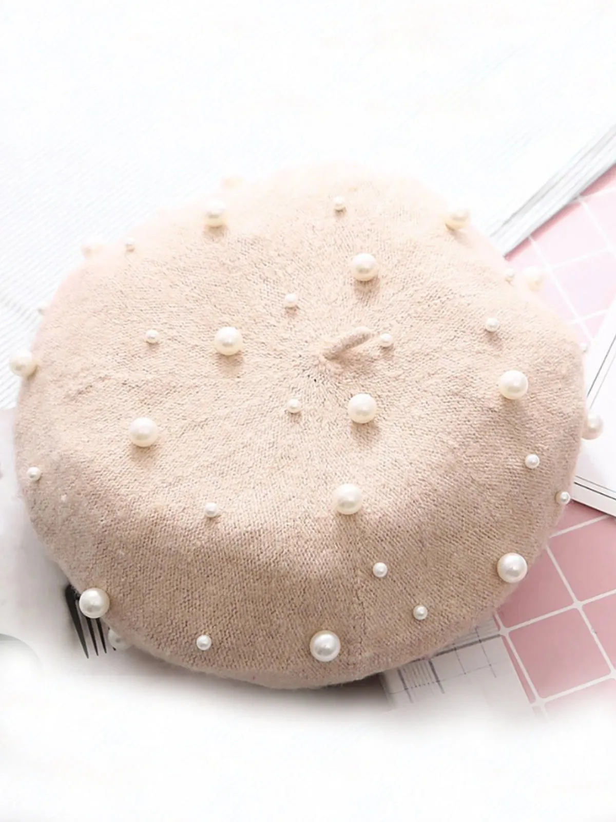 Pearl-Embellished Wool Beret