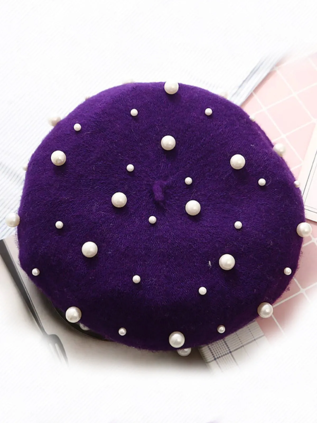 Pearl-Embellished Wool Beret