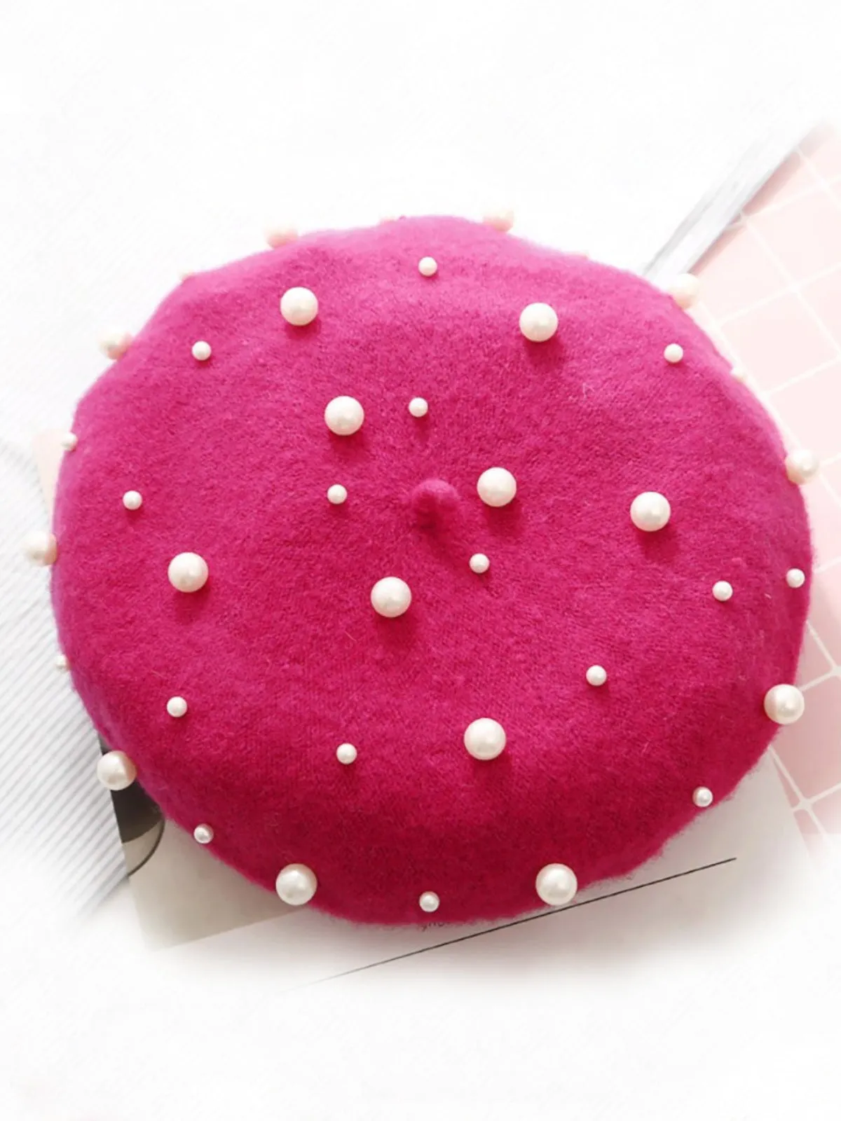 Pearl-Embellished Wool Beret