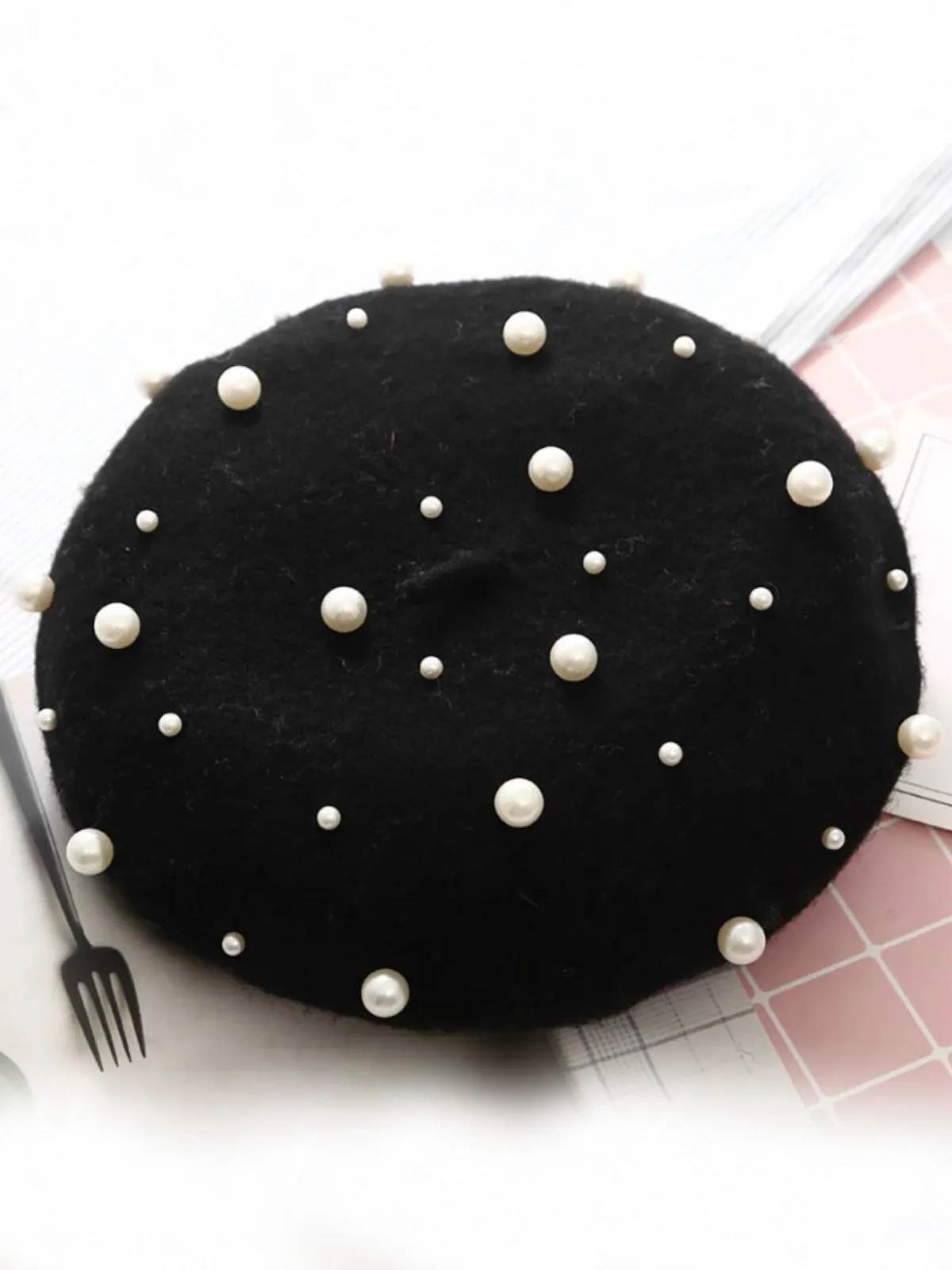 Pearl-Embellished Wool Beret