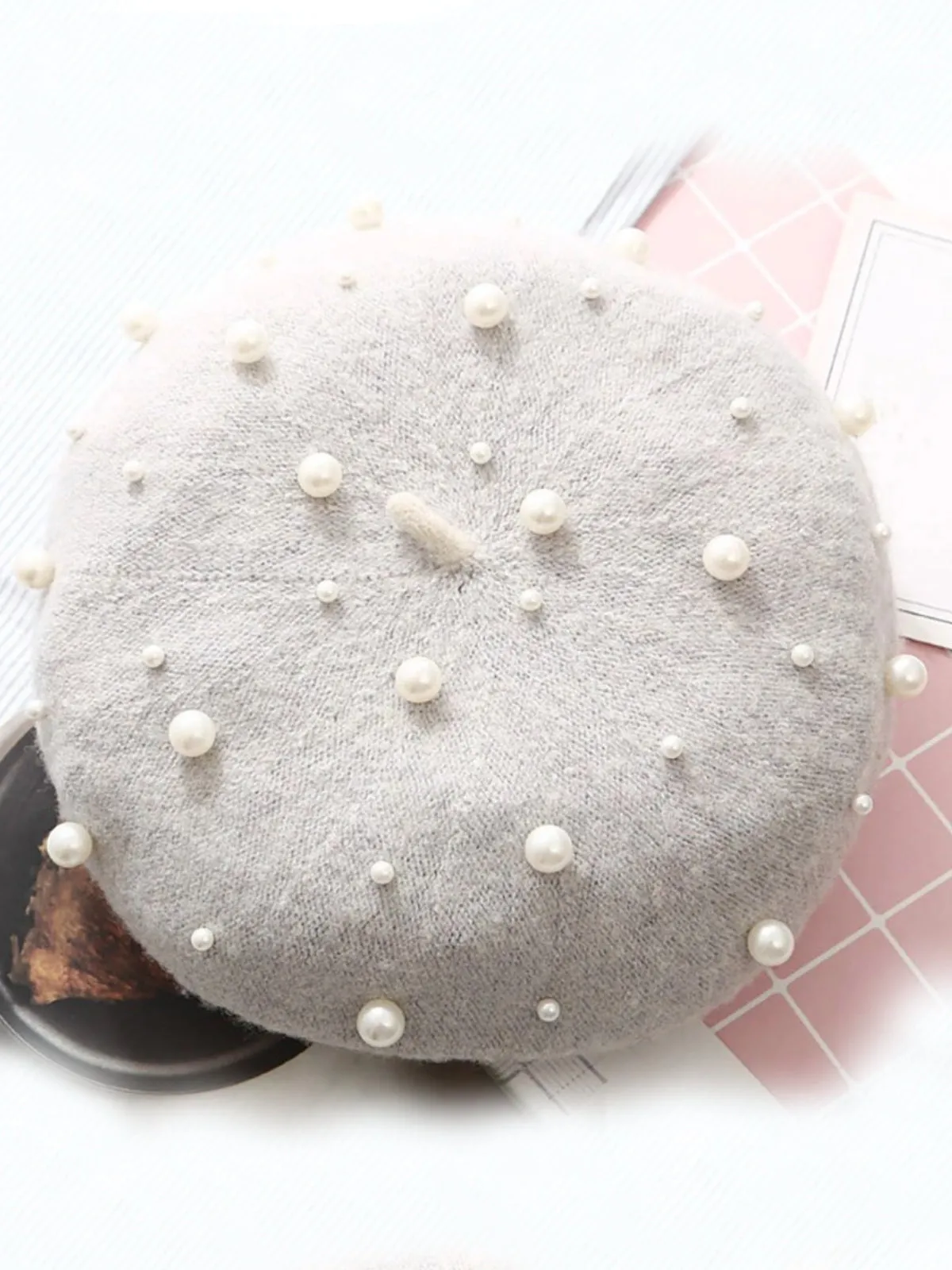 Pearl-Embellished Wool Beret